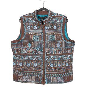 Embroidered Vest XL Brown Blue Hidden Snap Beads Boho Earthy Lagenlook Festival